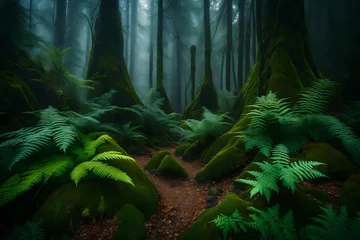 Fotobehang A misty forest with ancient ferns and moss-covered stones. © Muhammad
