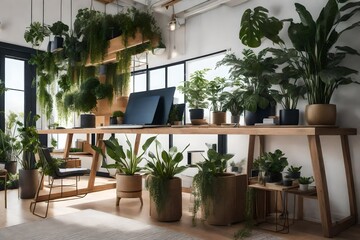 A rendered picture of a home office with a collection of air-purifying indoor plants.
