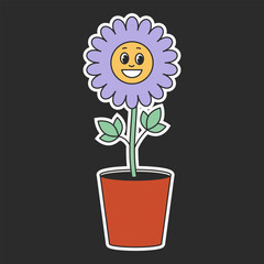 Retro groovy hippie flower in 1970 style. Cartoon flower in a pot on a black background. Vector illustration.