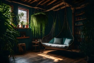 A artistic representation of a cozy reading nook with a hanging spider plant.