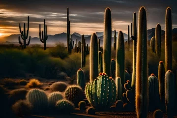 Fotobehang A scene of a cactus garden with a towering saguaro cactus against a desert backdrop. © Muhammad