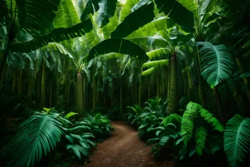 Fotobehang A artistic representation of a tropical paradise with banana trees and giant ferns. © Muhammad
