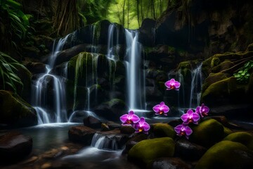 A cascading waterfall with vibrant orchids growing on the rocks.