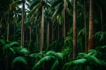 A lush tropical rainforest with towering palm trees.