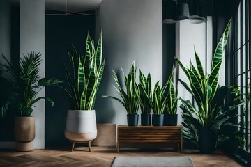 A minimalist interior with a potted snake plant adding a touch of green.