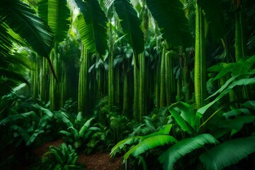 A artistic representation of a tropical paradise with banana trees and giant ferns.
