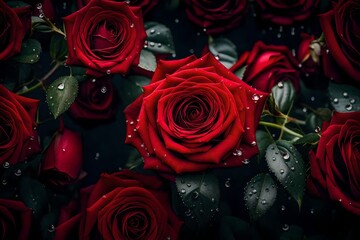 A artistic representation of a bouquet of red roses with dewdrops on the petals.