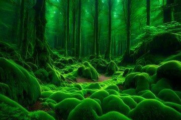 A dense, emerald-green moss-covered forest floor.