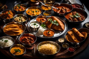 A scene of a traditional Indian thali with a variety of curries and bread.