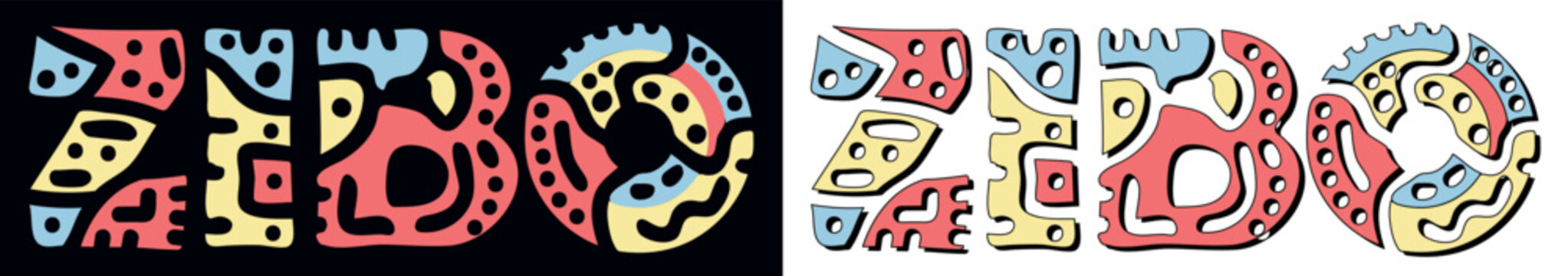 ZIBO. Doodle isolate text. Colored curves decorative doodle letters. Folk artwork style. Chinese city ZIBO for travel print, tourist booklet, banner, flyer.