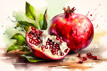 Watercolour style illustration of a ripe pomegranates with leaves. Created with Generative AI.