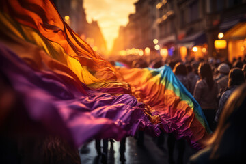 LGBTQ+ Rights. Pride parade with colorful flags and banners, symbolizing the fight for LGBTQ+ rights and acceptance. Generative AI.
