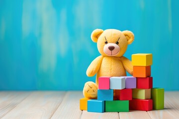 Kids toys background with bear and colorful blocks
