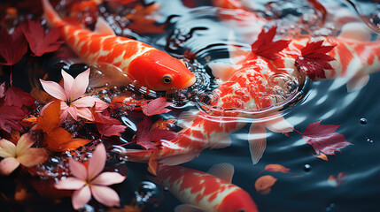 Obraz na płótnie Canvas Autumn theme, beautiful red leaves on the water, generative ai