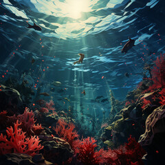 Fototapeta na wymiar Illustration depicting a vibrant undersea world, where marine life thrives amidst colorful corals, capturing the mesmerizing beauty of the ocean depths