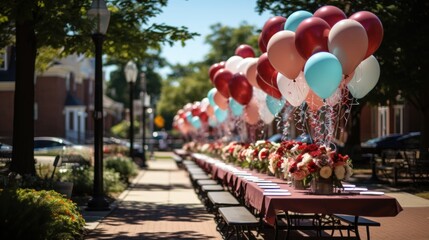 Parks decorated with balloons to throw a party. - obrazy, fototapety, plakaty