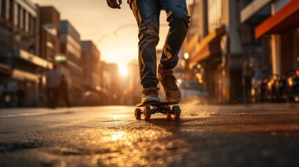 Close-up of young boy riding a skateboard on the streets of the city.