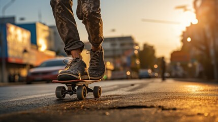 Close-up of young boy riding a skateboard on the streets of the city.