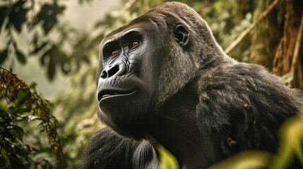 Fototapeta na wymiar A silverback mountain gorilla in a rainforest. Generative Ai