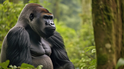 Fototapeta premium A silverback mountain gorilla in a rainforest. Generative Ai