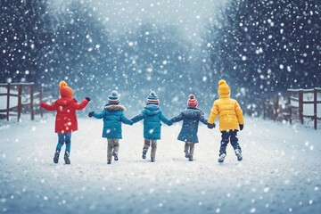 Children playing joyfully during the first snow