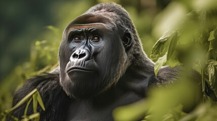 Fototapeta premium A silverback mountain gorilla in a rainforest. Generative Ai