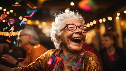 Cheerful seniors having a good time at the party with their close friends.