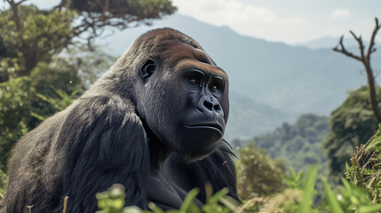 A strong bodied gorilla on the mountain. Generative Ai