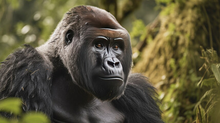 Obraz premium A silverback mountain gorilla in a rainforest. Generative Ai