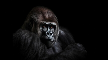 Fototapeta premium Gorilla isolated on black background. Generative Ai