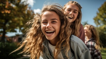Naklejka premium A few girlfriends having so much fun together on the street.