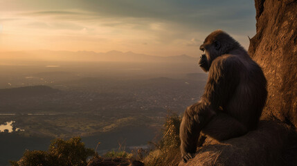 Gorilla sitting on a high cliff near sunset. Generative Ai