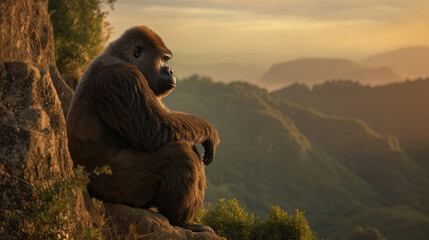 Gorilla sitting on a high cliff near sunset. Generative Ai