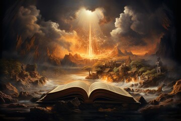 Illustration of an open Bible with landscape of the nature of God's creation Generative AI - obrazy, fototapety, plakaty