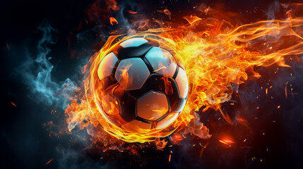 Fototapeta premium A soccer ball surrounded by flames and smoke, an explosion of power