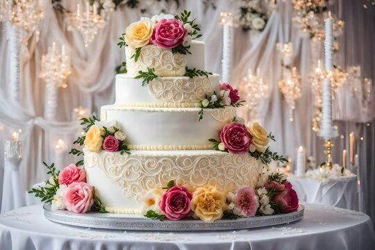 An image of a three-tiered wedding cake adorned with intricate sugar flowers.