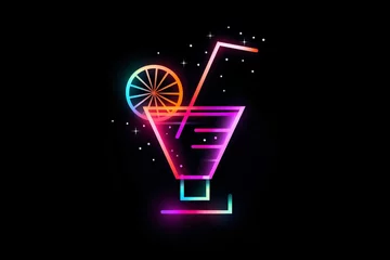 Fotobehang Radiant neon cocktail icon isolated on a black background © Tarun