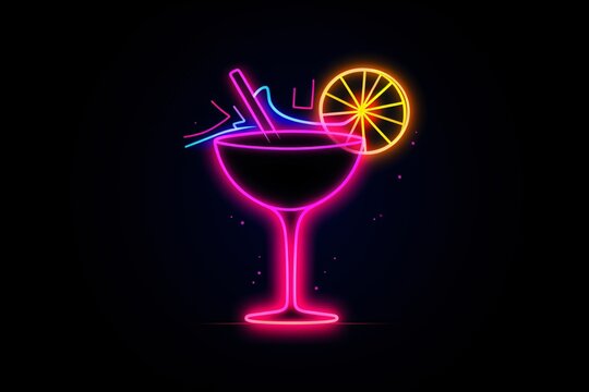 Radiant neon cocktail icon isolated on a black background
