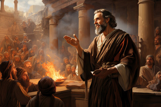 Apostle Paul preaching the Word of God in the synagogue to the christian people Generative AI Illustration