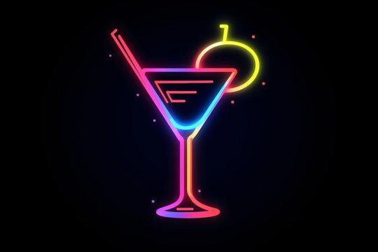 Radiant neon cocktail icon isolated on a black background