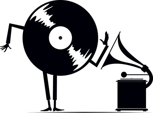 recommend clip art: Cartoon long playing record. Retro record player. 
                    Cartoon long playing record standing near retro record player. Black and white illustration
                    