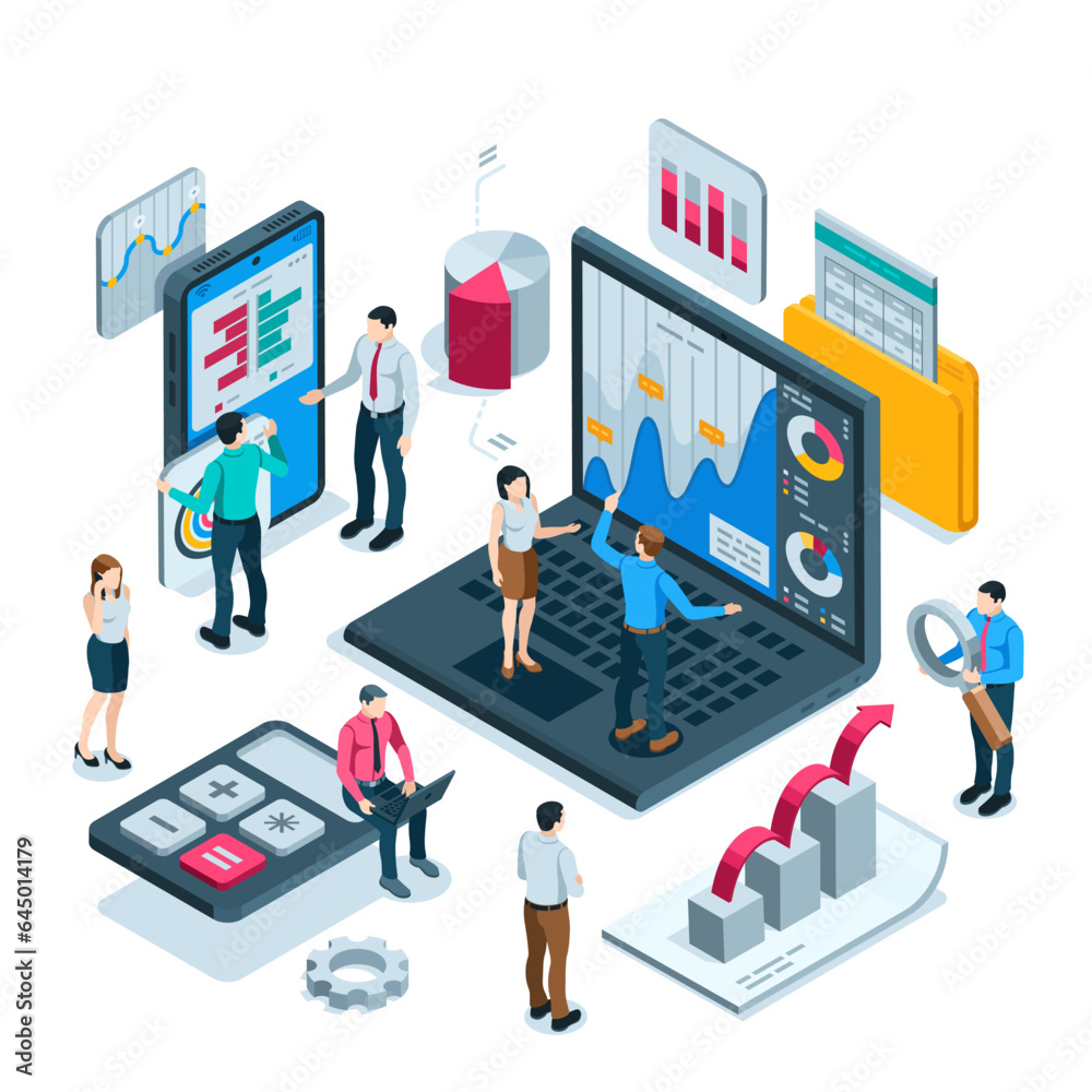 Wall mural isometric business people working with statistical financial data near laptop and smartphone screen 