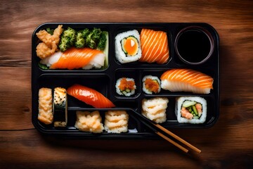 A scene of a bento box with an assortment of sushi and tempura.