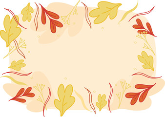 autumn cozy frame, card, border with leaves, vector, flat, yellow, orange, red
