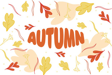 autumn postcard vector, flat, lettering, leaves, fall, red, orange, yellow