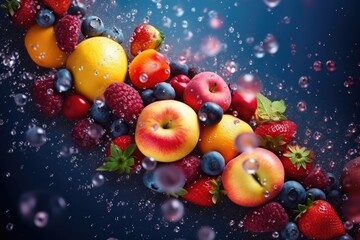 Abstract flying fruit in splashes of water