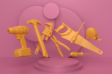 Abstract scene or podium with carpenters tools on monochrome background