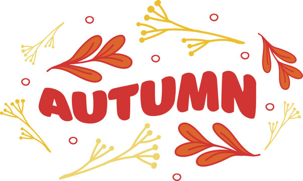 autumn postcard vector, flat, lettering, leaves, fall, red, orange, yellow