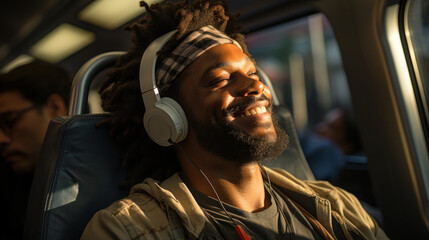 A man listening to music with headphones inside the bus.