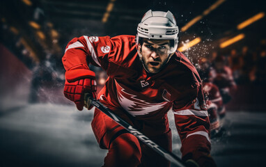 Geared up and stick in hand, an ice hockey player takes to the rink, prepared for an intense match.